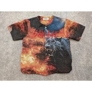 Majestik Shirt Mens Large Savage Panther Jungle Life Baseball Button Graphic Fir